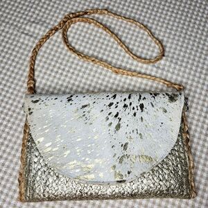 Fabulous MJ New York Braided Jute & Cowhide Gold & White Clutch Shoulder Bag